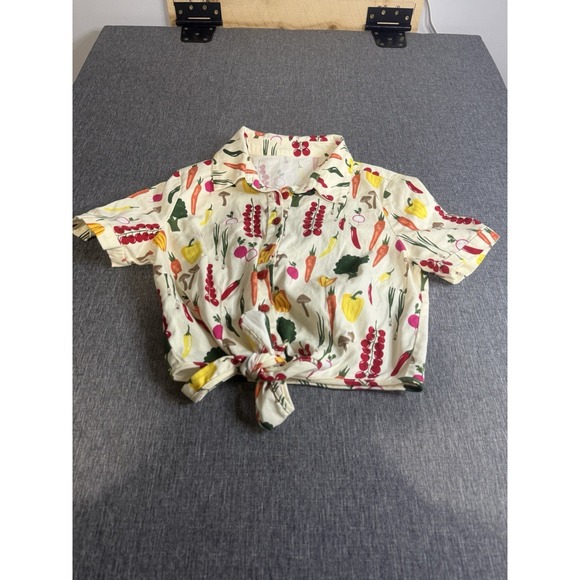 Collectif Tops - Collectif London Sammy Vegetable Medley Tie Blouse M Cream Crop Casual Cottage